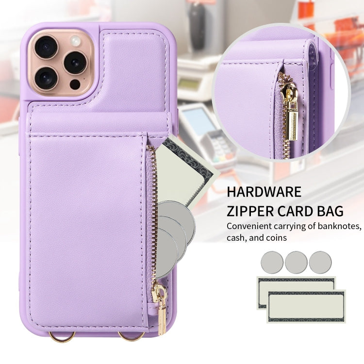 For iPhone 16 Pro Crossbody Lanyard Zipper Wallet Leather Phone Case(Purple) - iPhone 16 Pro Cases by PMC Jewellery | Online Shopping South Africa | PMC Jewellery | Buy Now Pay Later Mobicred