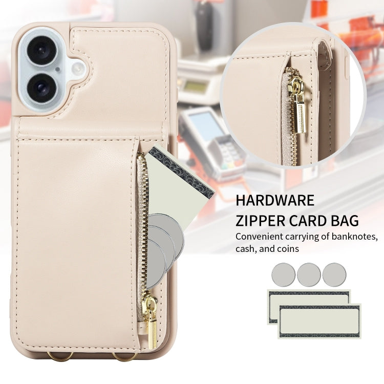 For iPhone 16 Plus Crossbody Lanyard Zipper Wallet Leather Phone Case(Beige) - iPhone 16 Plus Cases by PMC Jewellery | Online Shopping South Africa | PMC Jewellery | Buy Now Pay Later Mobicred