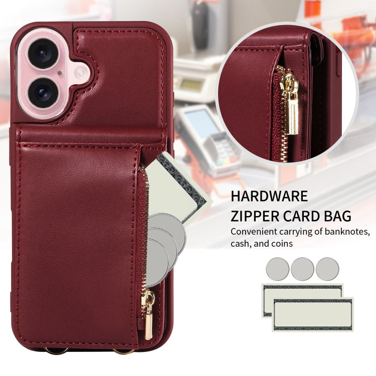 For iPhone 16 Crossbody Lanyard Zipper Wallet Leather Phone Case(Wine Red) - iPhone 16 Cases by PMC Jewellery | Online Shopping South Africa | PMC Jewellery | Buy Now Pay Later Mobicred