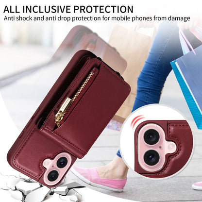 For iPhone 16 Crossbody Lanyard Zipper Wallet Leather Phone Case(Wine Red) - iPhone 16 Cases by PMC Jewellery | Online Shopping South Africa | PMC Jewellery | Buy Now Pay Later Mobicred