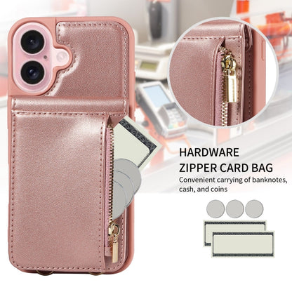 For iPhone 16 Crossbody Lanyard Zipper Wallet Leather Phone Case(Rose Gold) - iPhone 16 Cases by PMC Jewellery | Online Shopping South Africa | PMC Jewellery | Buy Now Pay Later Mobicred