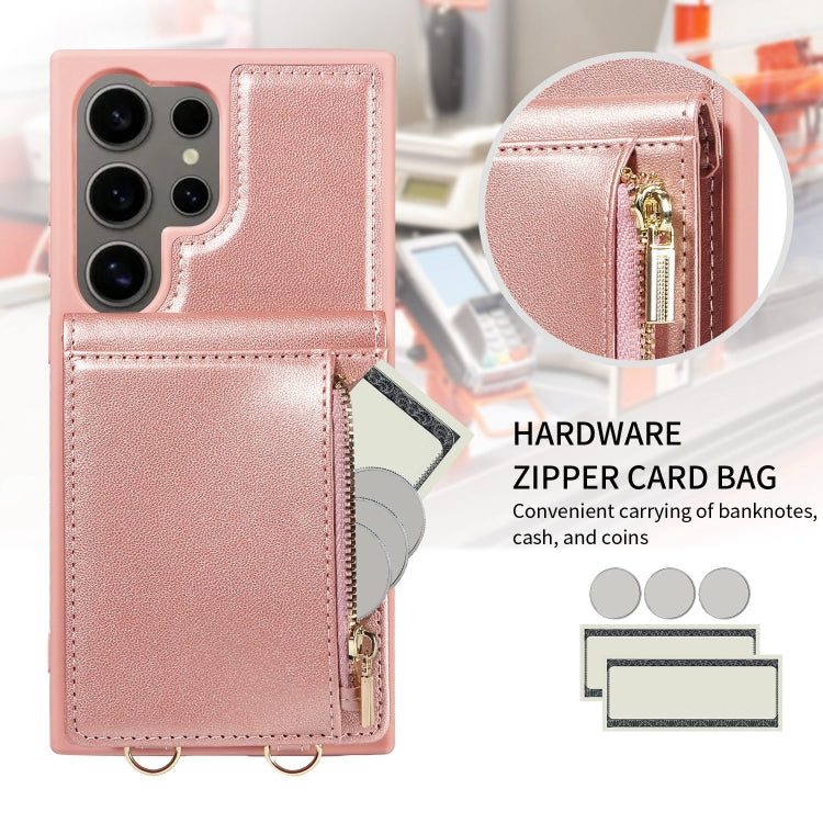For Samsung Galaxy S24 Ultra 5G Crossbody Lanyard Zipper Wallet Leather Phone Case(Rose Gold) - Galaxy S24 Ultra 5G Cases by PMC Jewellery | Online Shopping South Africa | PMC Jewellery | Buy Now Pay Later Mobicred