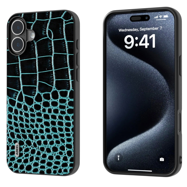 For iPhone 16 Plus ABEEL Genuine Leather Crocodile Pattern Black Edge Phone Case(Blue) - iPhone 16 Plus Cases by PMC TechLife | Online Shopping South Africa | PMC TechLife | Buy Now Pay Later Mobicred