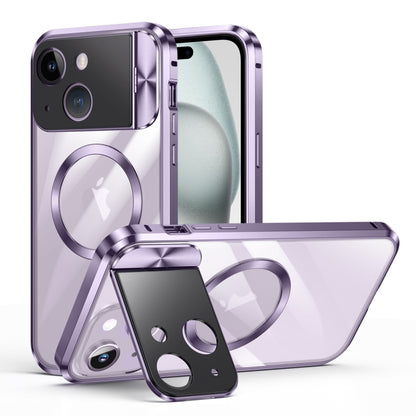 For iPhone 15 Large Window Holder MagSafe Magnetic Metal Phone Case(Purple) - iPhone 15 Cases by PMC Jewellery | Online Shopping South Africa | PMC Jewellery