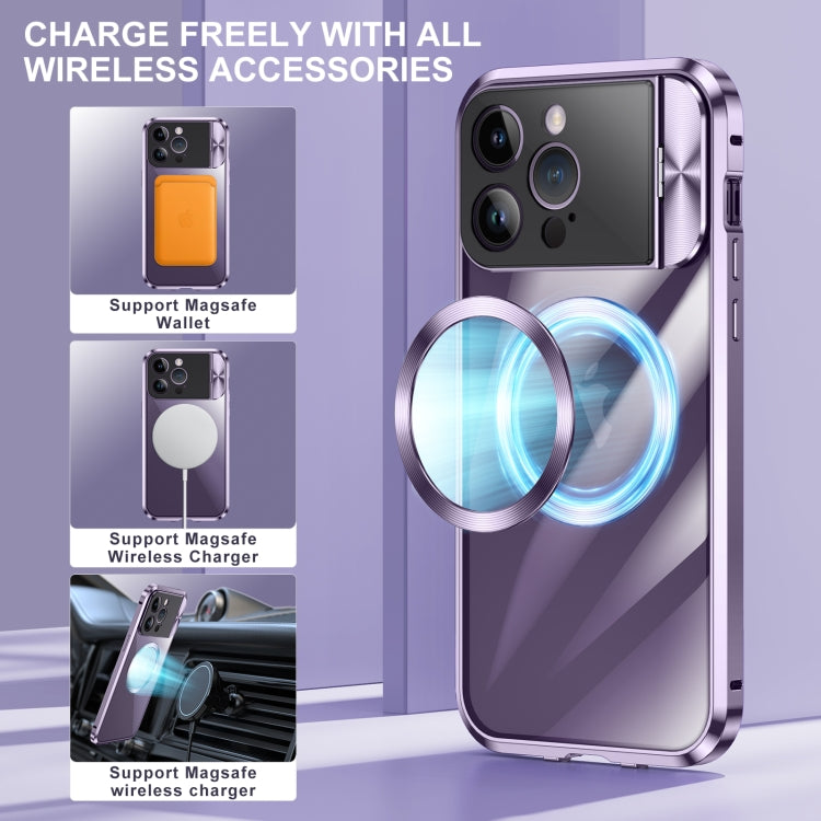 For iPhone 15 Pro Large Window Holder MagSafe Magnetic Metal Phone Case(Purple) - iPhone 15 Pro Cases by PMC TechLife | Online Shopping South Africa | PMC TechLife