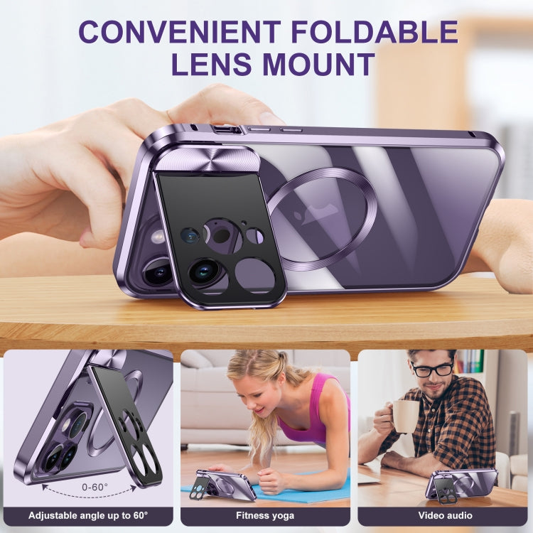 For iPhone 15 Pro Large Window Holder MagSafe Magnetic Metal Phone Case(Purple) - iPhone 15 Pro Cases by PMC TechLife | Online Shopping South Africa | PMC TechLife