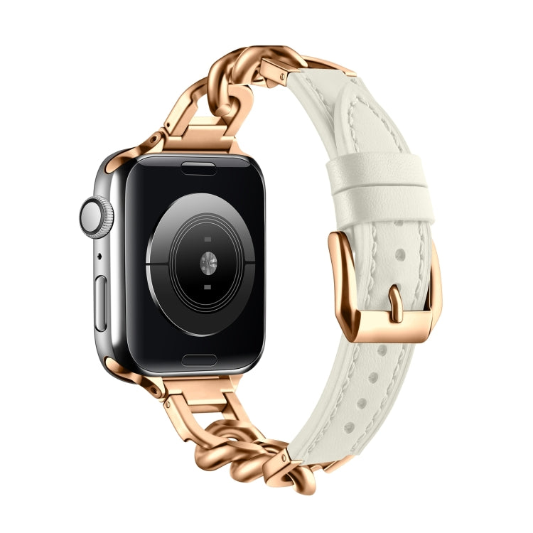 For Apple Watch SE 2023 44mm Chain Genuine Leather Watch Band, Size: L(Rose Gold Beige) - free shipping - PMC TechLife - Order now!
