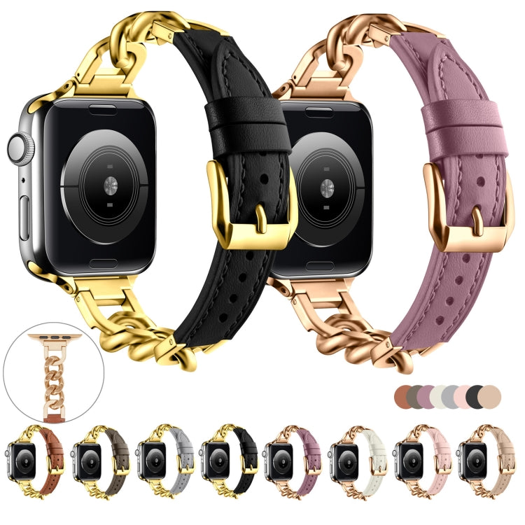 For Apple Watch SE 2023 44mm Chain Genuine Leather Watch Band, Size: L(Rose Gold Beige) - free shipping - PMC TechLife - Order now!