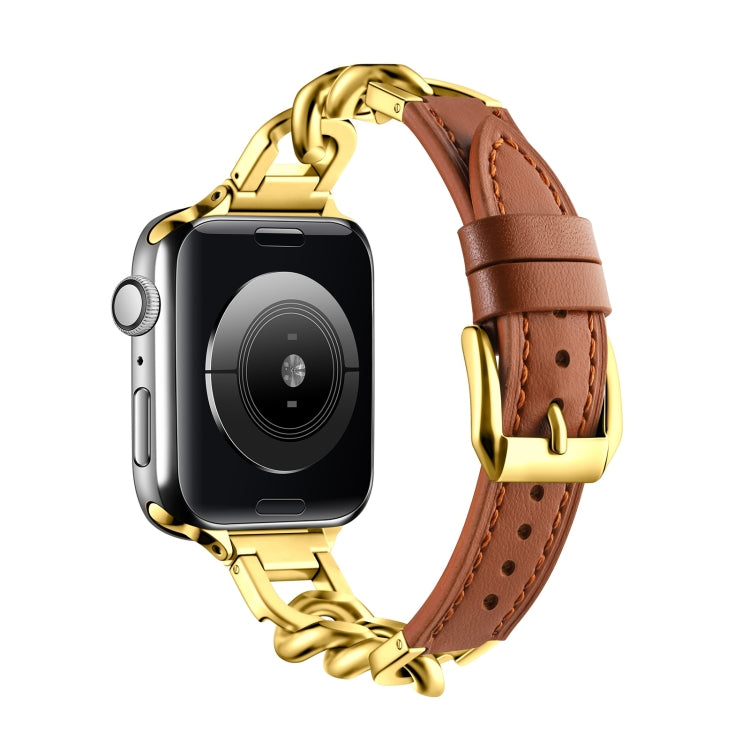 For Apple Watch Series 5 44mm Chain Genuine Leather Watch Band, Size: S(Gold Brown) - free shipping - PMC TechLife - Order now!