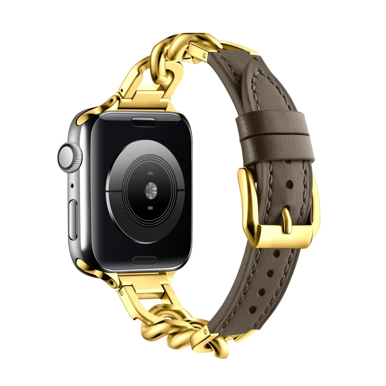 For Apple Watch Series 9 45mm Chain Genuine Leather Watch Band, Size: S(Gold Dark Brown) - free shipping - PMC TechLife - Order now!