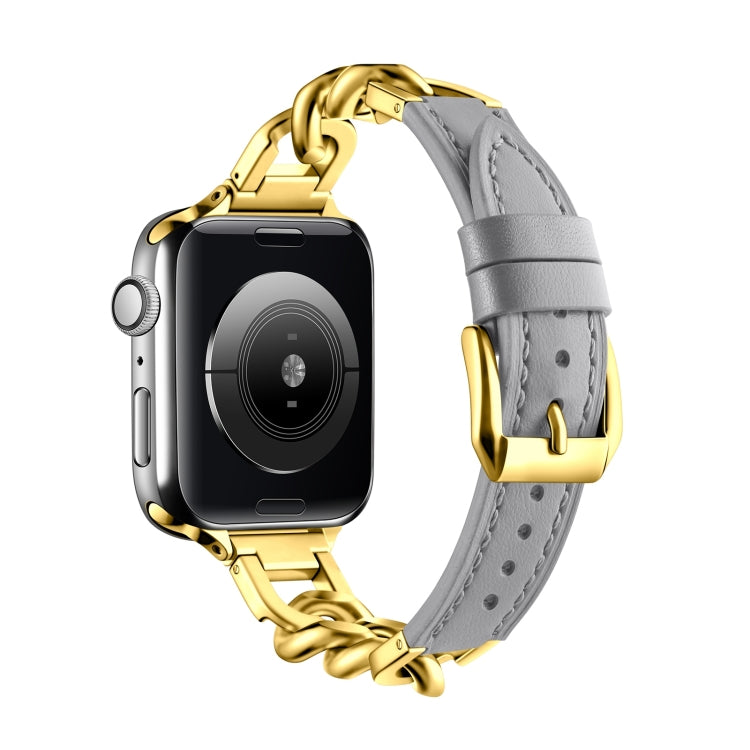 For Apple Watch Series 9 45mm Chain Genuine Leather Watch Band, Size: S(Gold Grey) - free shipping - PMC TechLife - Order now!