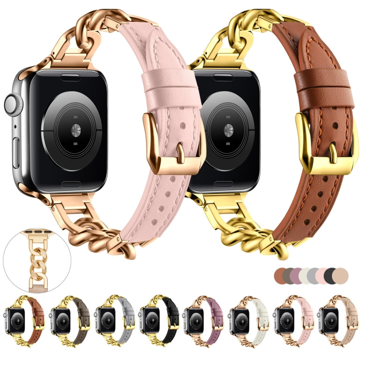 For Apple Watch Series 7 45mm Chain Genuine Leather Watch Band, Size: S(Gold Grey) - free shipping - PMC TechLife - Order now!