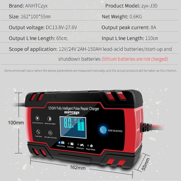 ANHTCzyx 12V 8A  / 24V 4A Automobile Battery Charger Motorcycle Battery Repair Type AGM(EU Plug) - Battery Charger by PMC TechLife | Online Shopping South Africa | PMC TechLife | Buy Now Pay Later Mobicred