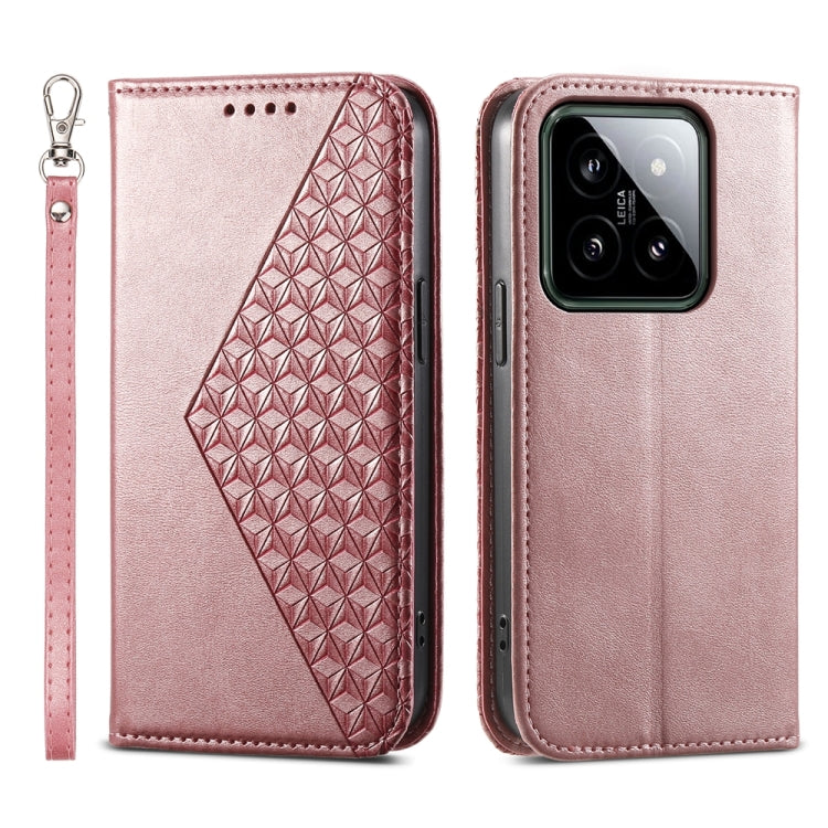 For Xiaomi 14 Cubic Grid Calf Texture Magnetic Leather Phone Case(Rose Gold) - 14 Cases by PMC Jewellery | Online Shopping South Africa | PMC Jewellery | Buy Now Pay Later Mobicred