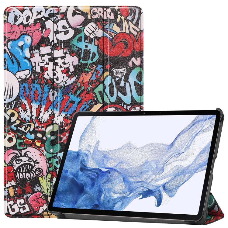 For Samsung Galaxy Tab S9 Custer Painted 3-Fold Holder Smart Leather Tablet Case(Graffiti) - Galaxy Tab S9 Cases by PMC Jewellery | Online Shopping South Africa | PMC Jewellery | Buy Now Pay Later Mobicred