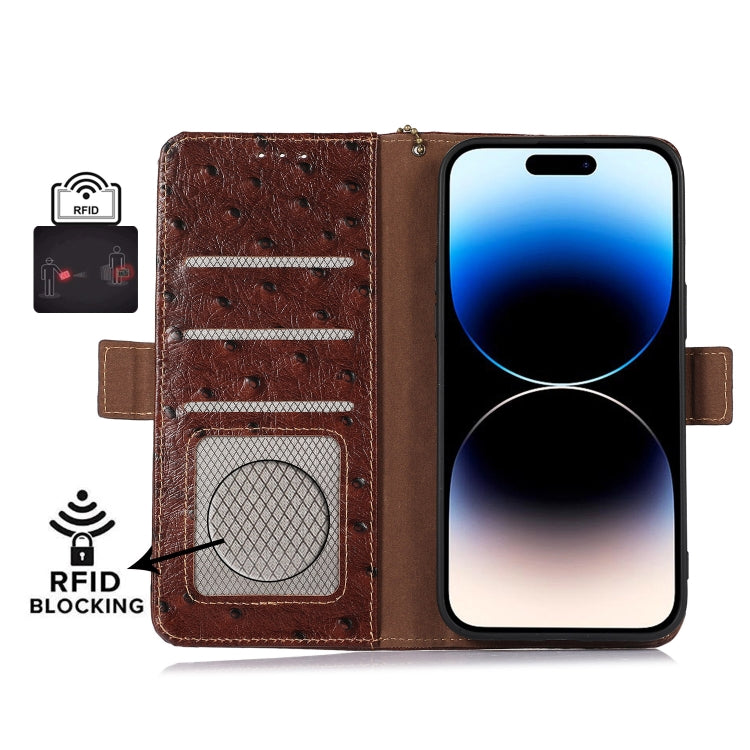 For Samsung Galaxy S24 Ostrich Pattern Genuine Leather RFID Phone Case(Coffee) - Galaxy Phone Cases by PMC Jewellery | Online Shopping South Africa | PMC Jewellery | Buy Now Pay Later Mobicred