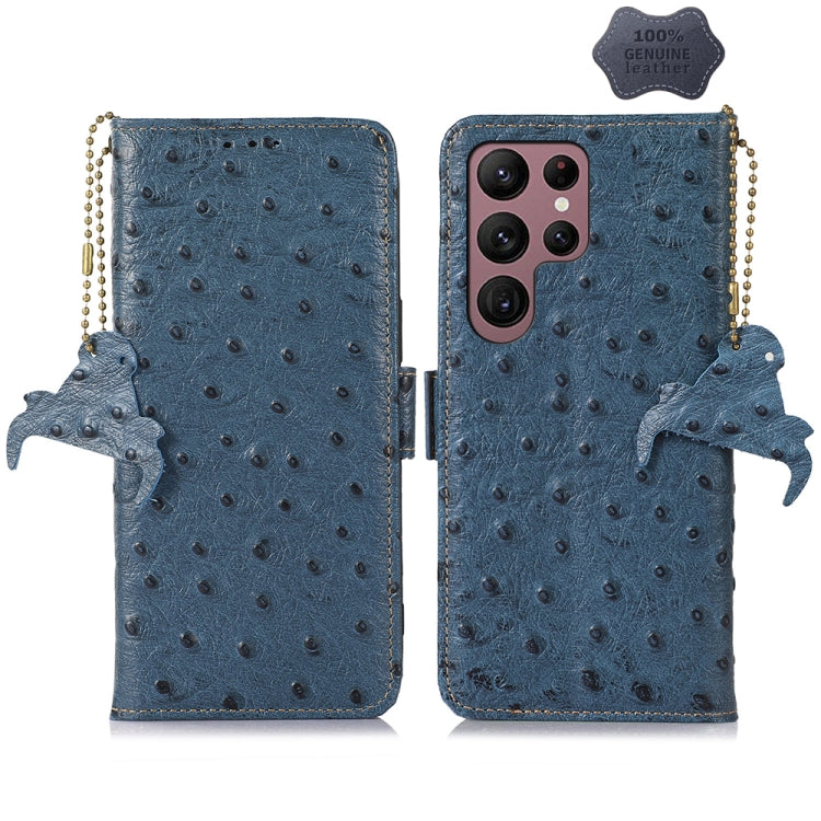 For Samsung Galaxy S24 Ultra Ostrich Pattern Genuine Leather RFID Phone Case(Blue) - Galaxy Phone Cases by PMC Jewellery | Online Shopping South Africa | PMC Jewellery | Buy Now Pay Later Mobicred