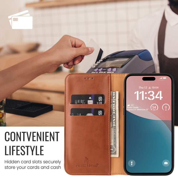 For iPhone 16 Pro Max Fierre Shann PU Genuine Leather Texture Phone Case(Brown) - iPhone 16 Pro Max Cases by FIERRE SHANN | Online Shopping South Africa | PMC Jewellery | Buy Now Pay Later Mobicred