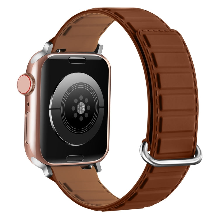 For Apple Watch Series 9 41mm Reverse Buckle Magnetic Silicone Watch Band(Silver Buckle Brown) - free shipping - PMC TechLife - Order now!