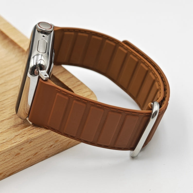 For Apple Watch Series 10 46mm Reverse Buckle Magnetic Silicone Watch Band(Silver Buckle Brown) - free shipping - PMC TechLife - Order now!