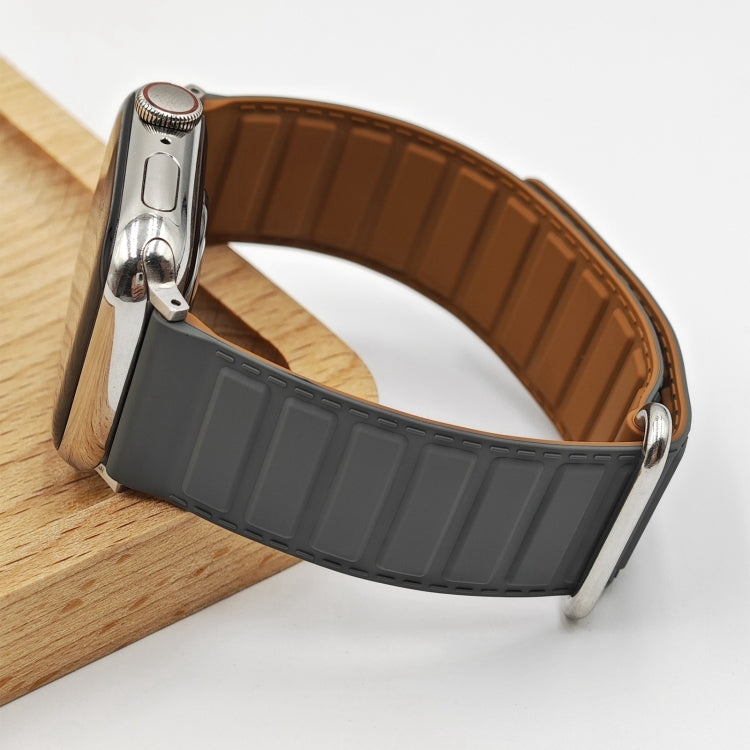 For Apple Watch Series 10 42mm Reverse Buckle Magnetic Silicone Watch Band(Silver Buckle Grey Brown) - free shipping - PMC TechLife - Order now!