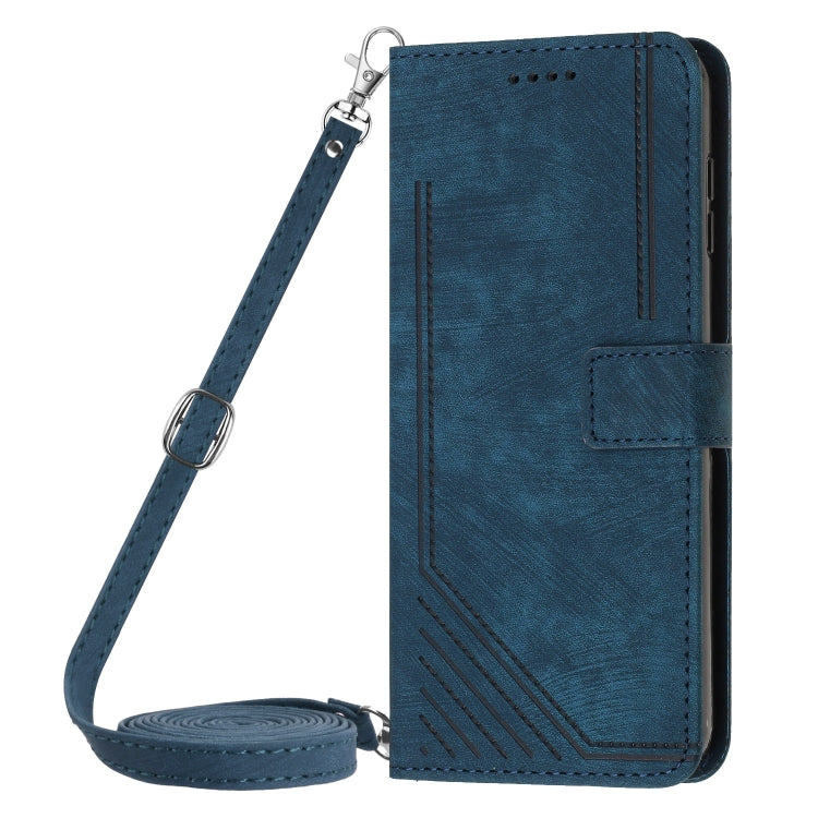 For Samsung Galaxy S24 Ultra Skin Feel Stripe Pattern Leather Phone Case with Long Lanyard(Blue) - Galaxy S24 Ultra 5G Cases by PMC Jewellery | Online Shopping South Africa | PMC Jewellery