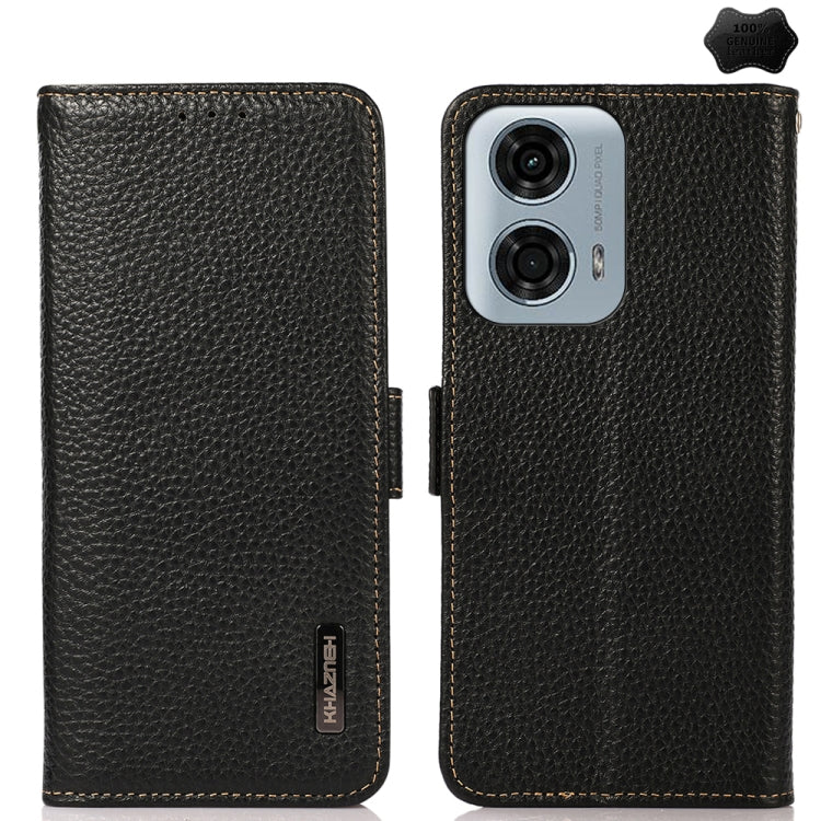 For Motorola Moto G24 KHAZNEH Side-Magnetic Litchi Genuine Leather RFID Phone Case(Black) - Motorola Cases by PMC TechLife | Online Shopping South Africa | PMC TechLife | Buy Now Pay Later Mobicred