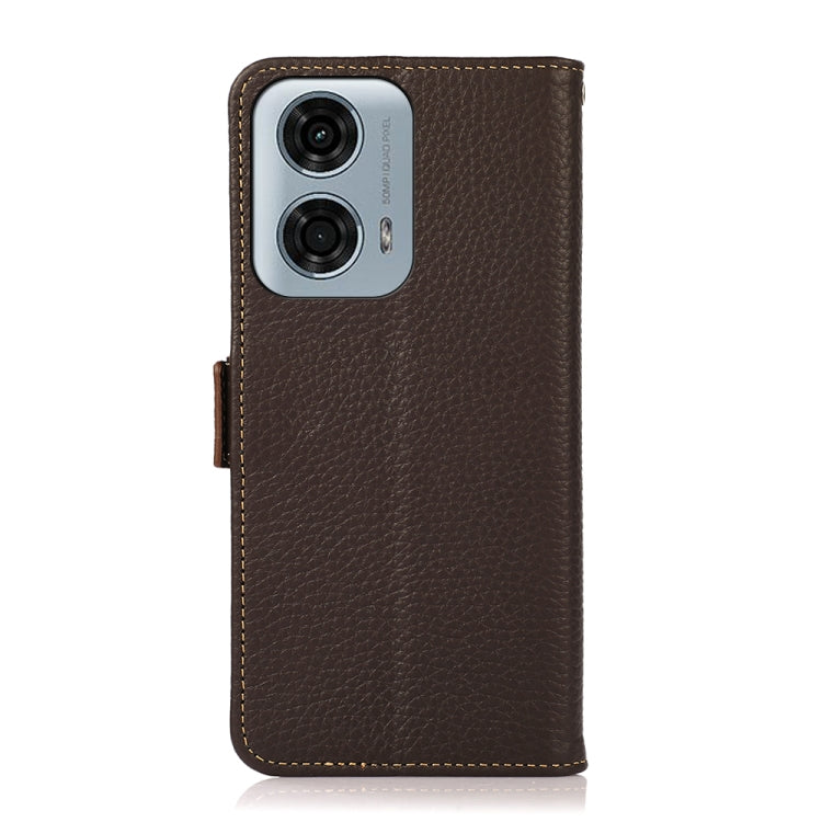 For Motorola Moto G34 KHAZNEH Side-Magnetic Litchi Genuine Leather RFID Phone Case(Brown) - Motorola Cases by PMC TechLife | Online Shopping South Africa | PMC TechLife | Buy Now Pay Later Mobicred