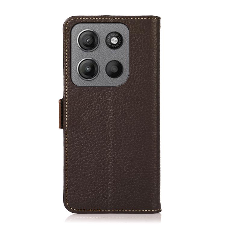 For Motorola Moto G15 4G / G05 KHAZNEH Side-Magnetic Litchi Genuine Leather RFID Phone Case(Brown) - Motorola Cases by PMC TechLife | Online Shopping South Africa | PMC TechLife | Buy Now Pay Later Mobicred