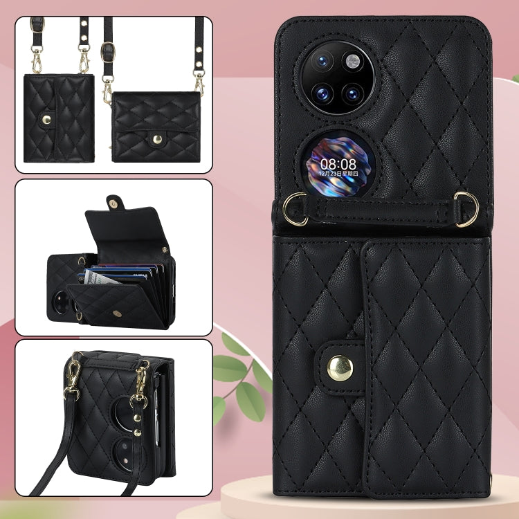 For Huawei P50 Pocket Rhombic Texture Card Bag PU Phone Case with Long Lanyard(Black) - Huawei Cases by PMC TechLife | Online Shopping South Africa | PMC TechLife | Buy Now Pay Later Mobicred