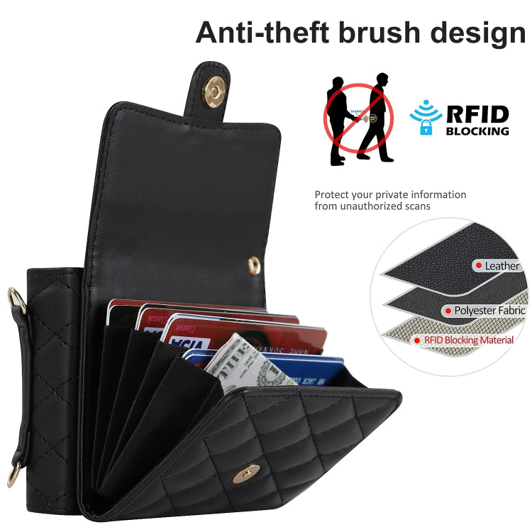 For Huawei P50 Pocket Rhombic Texture Card Bag PU Phone Case with Long Lanyard(Black) - Huawei Cases by PMC TechLife | Online Shopping South Africa | PMC TechLife | Buy Now Pay Later Mobicred