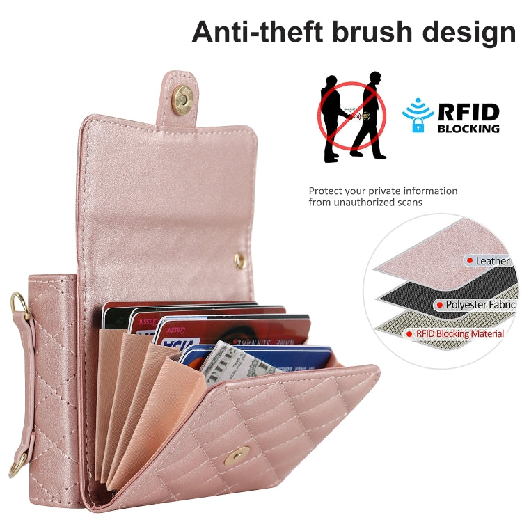 For Huawei P50 Pocket Rhombic Texture Card Bag PU Phone Case with Long Lanyard(Rose Gold) - Huawei Cases by PMC TechLife | Online Shopping South Africa | PMC TechLife | Buy Now Pay Later Mobicred