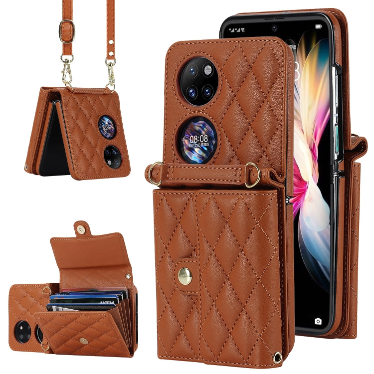 For Huawei P50 Pocket Rhombic Texture Card Bag PU Phone Case with Long Lanyard(Brown) - Huawei Cases by PMC TechLife | Online Shopping South Africa | PMC TechLife | Buy Now Pay Later Mobicred