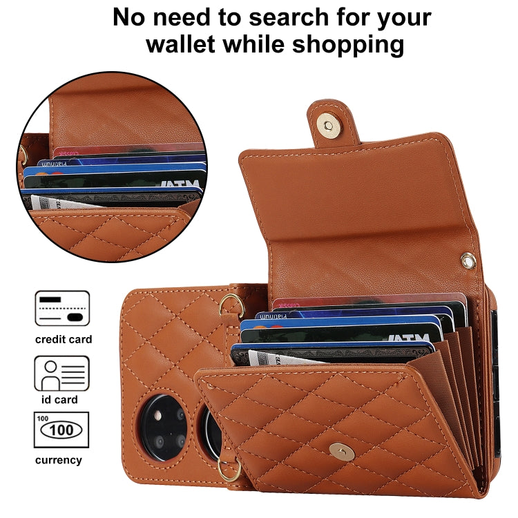 For Huawei P50 Pocket Rhombic Texture Card Bag PU Phone Case with Long Lanyard(Brown) - Huawei Cases by PMC TechLife | Online Shopping South Africa | PMC TechLife | Buy Now Pay Later Mobicred