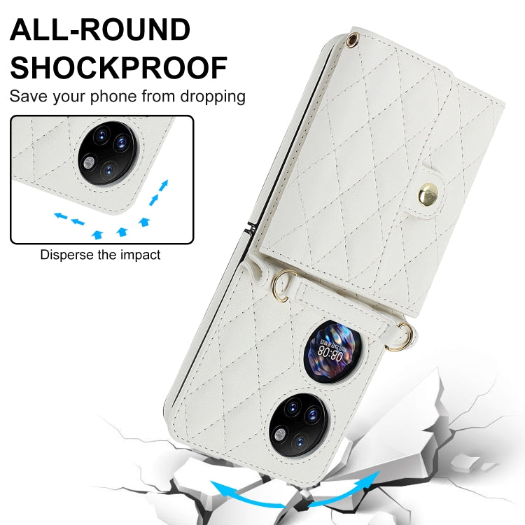 For Huawei P50 Pocket Rhombic Texture Card Bag PU Phone Case with Long Lanyard(White) - Huawei Cases by PMC TechLife | Online Shopping South Africa | PMC TechLife | Buy Now Pay Later Mobicred
