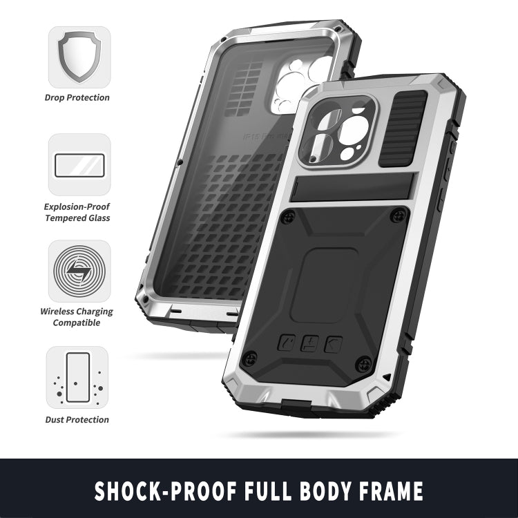 For iPhone 15 Pro R-JUST Shockproof Life Waterproof Dust-proof Metal + Silicone Phone Case with Holder(Silver) - iPhone 15 Pro Cases by R-JUST | Online Shopping South Africa | PMC Jewellery