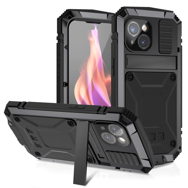 For iPhone 15 R-JUST Shockproof Life Waterproof Dust-proof Metal + Silicone Phone Case with Holder(Black) - iPhone 15 Cases by R-JUST | Online Shopping South Africa | PMC TechLife | Buy Now Pay Later Mobicred