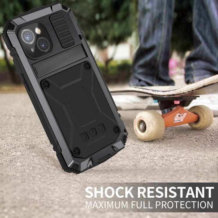 For iPhone 15 R-JUST Shockproof Life Waterproof Dust-proof Metal + Silicone Phone Case with Holder(Black) - iPhone 15 Cases by R-JUST | Online Shopping South Africa | PMC TechLife | Buy Now Pay Later Mobicred