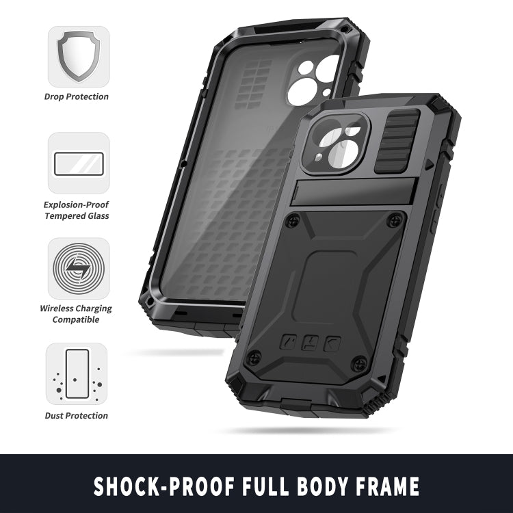 For iPhone 15 R-JUST Shockproof Life Waterproof Dust-proof Metal + Silicone Phone Case with Holder(Black) - iPhone 15 Cases by R-JUST | Online Shopping South Africa | PMC TechLife | Buy Now Pay Later Mobicred