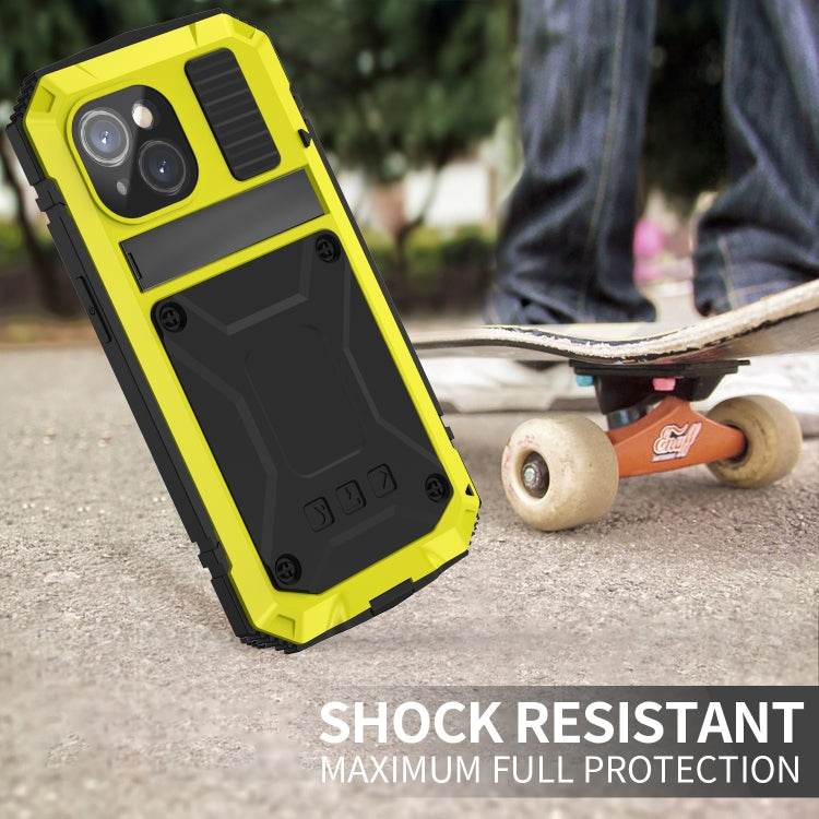 For iPhone 15 R-JUST Shockproof Life Waterproof Dust-proof Metal + Silicone Phone Case with Holder(Yellow) - iPhone 15 Cases by R-JUST | Online Shopping South Africa | PMC TechLife | Buy Now Pay Later Mobicred