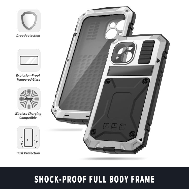 For iPhone 15 R-JUST Shockproof Life Waterproof Dust-proof Metal + Silicone Phone Case with Holder(Silver) - iPhone 15 Cases by R-JUST | Online Shopping South Africa | PMC TechLife | Buy Now Pay Later Mobicred
