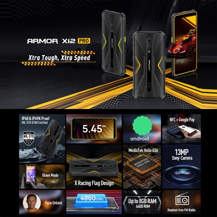 Ulefone Armor X12 Pro, 4GB+64GB, IP68/IP69K Rugged Phone, 5.45 inch Android 13 MediaTek Helio G36 Octa Core, Network: 4G, NFC(Less Green) - free shipping - PMC TechLife - Order now!