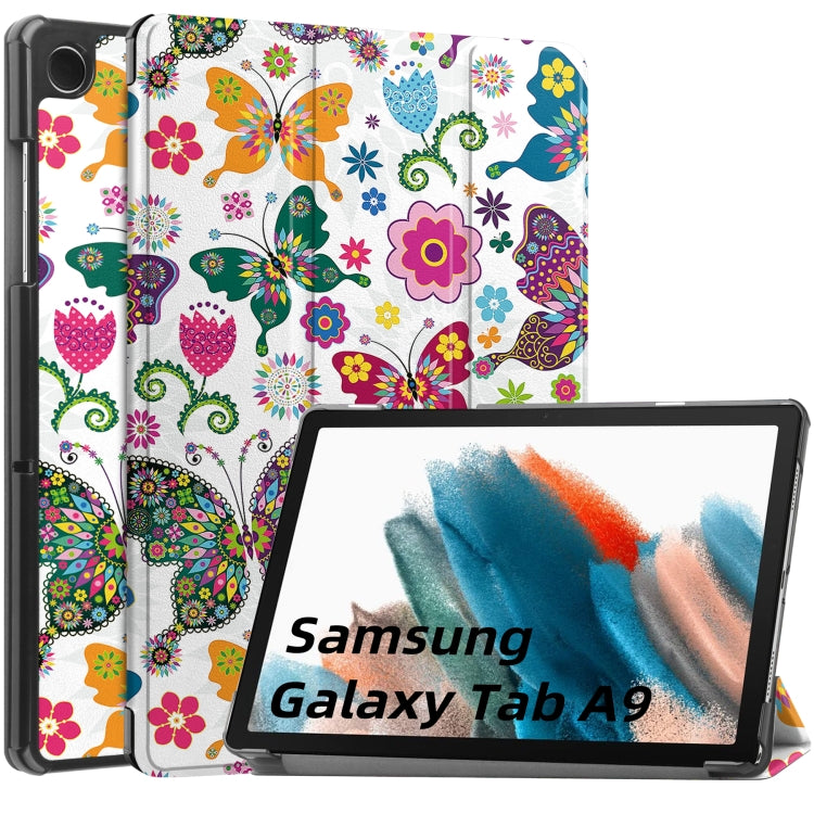 For Samsung Galaxy Tab A9 Custer Painted 3-Fold Holder Smart Leather Tablet Case(Colorful Butterflies) - Galaxy Tab A9 by PMC Jewellery | Online Shopping South Africa | PMC Jewellery