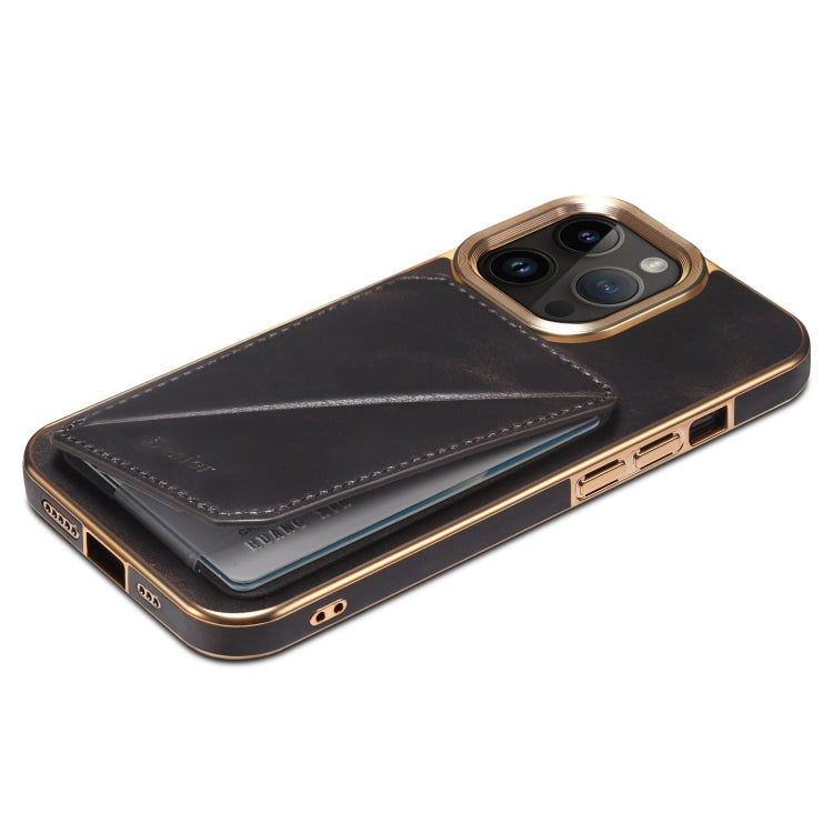 For iPhone 15 Pro Max Denior Oil Wax Leather Electroplating Card Slot Holder Phone Case(Black) - free shipping - PMC Jewellery - Order now!