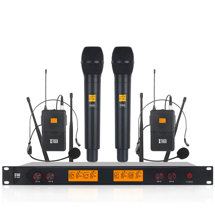 XTUGA A400-HB Professional 4-Channel UHF Wireless Microphone System with 2 Handheld & 2 Headset Microphone(EU Plug) - Microphone by XTUGA | Online Shopping South Africa | PMC TechLife | Buy Now Pay Later Mobicred