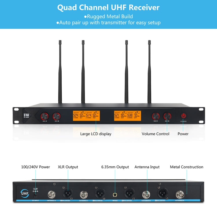 XTUGA A400-HB Professional 4-Channel UHF Wireless Microphone System with 2 Handheld & 2 Headset Microphone(EU Plug) - Microphone by XTUGA | Online Shopping South Africa | PMC TechLife | Buy Now Pay Later Mobicred