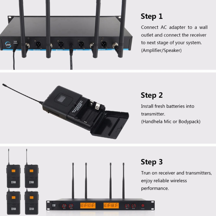 XTUGA A400-HB Professional 4-Channel UHF Wireless Microphone System with 2 Handheld & 2 Headset Microphone(UK Plug) - Microphone by XTUGA | Online Shopping South Africa | PMC Jewellery | Buy Now Pay Later Mobicred