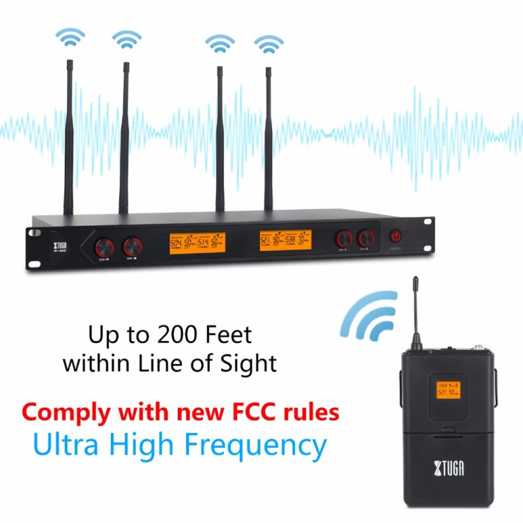 XTUGA A400-B Professional 4-Channel UHF Wireless Microphone System with 4 BodyPack Lavalier Headset Microphone(EU Plug) - Microphone by XTUGA | Online Shopping South Africa | PMC TechLife
