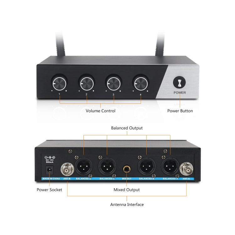 XTUGA S400 Professional 4-Channel UHF Wireless Microphone System with 4 Handheld Microphone(US Plug) - Microphone by XTUGA | Online Shopping South Africa | PMC Jewellery | Buy Now Pay Later Mobicred