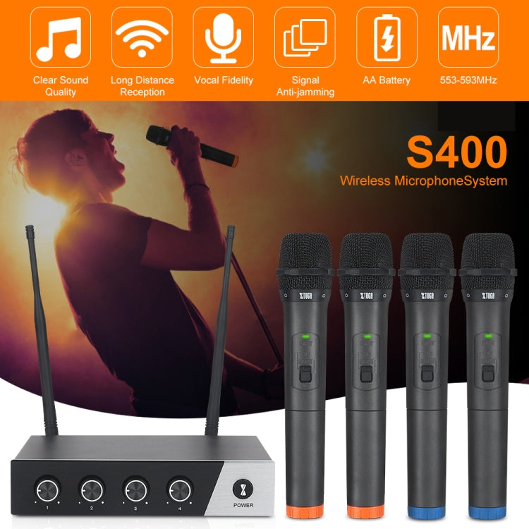 XTUGA S400 Professional 4-Channel UHF Wireless Microphone System with 4 Handheld Microphone(UK Plug) - Microphone by XTUGA | Online Shopping South Africa | PMC TechLife | Buy Now Pay Later Mobicred